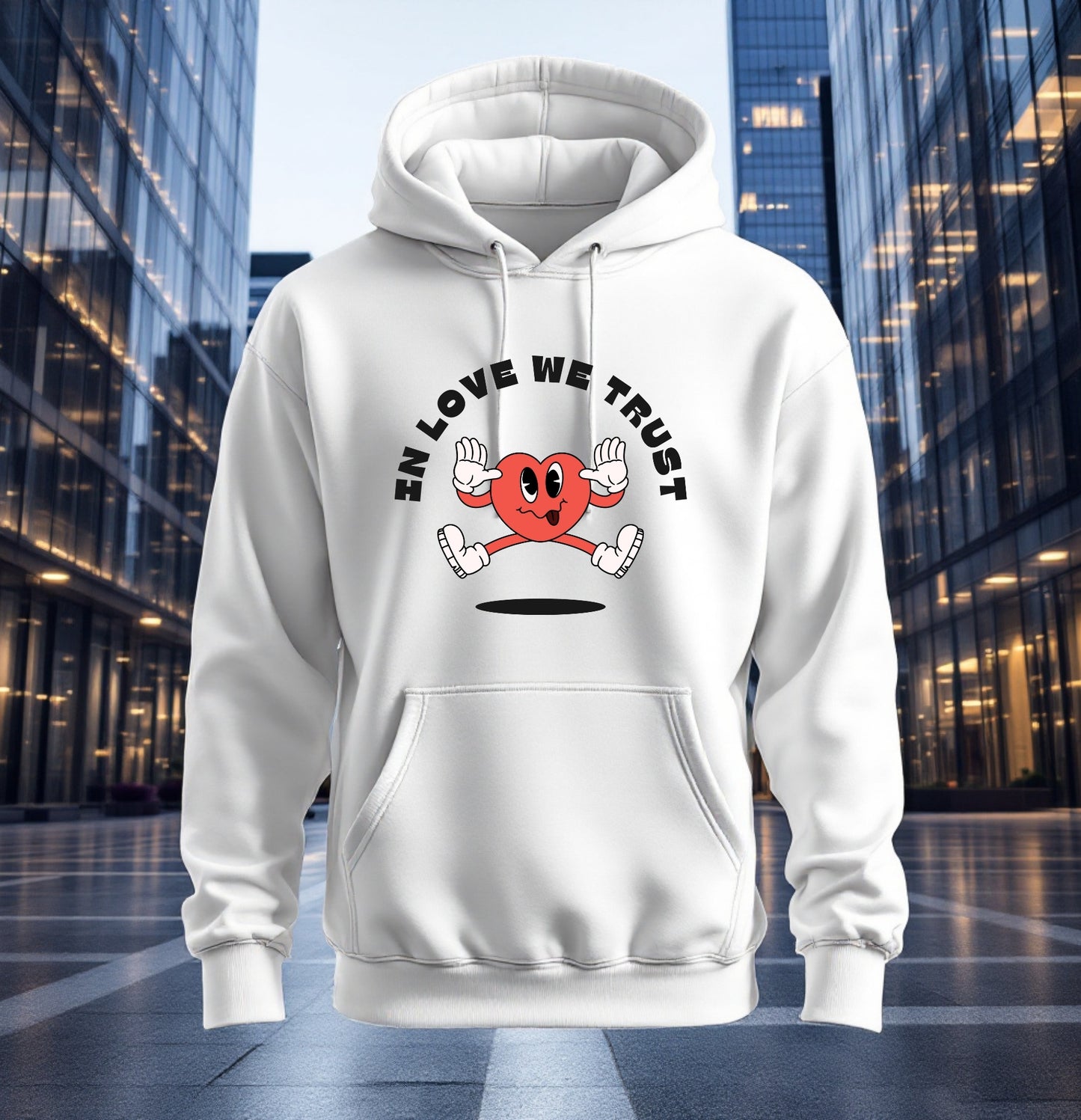 In Love We Trust Hoodie - Cute Heart Cartoon Sweatshirt, Fun Love Graphic Hoodie, Playful Streetwear