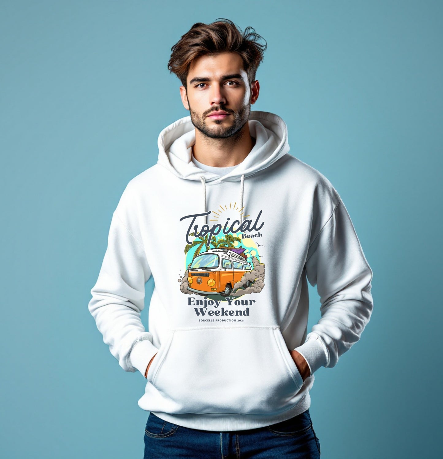 Tropical Beach Adventure Hoodie – Enjoy Your Weekend Vintage Van Design