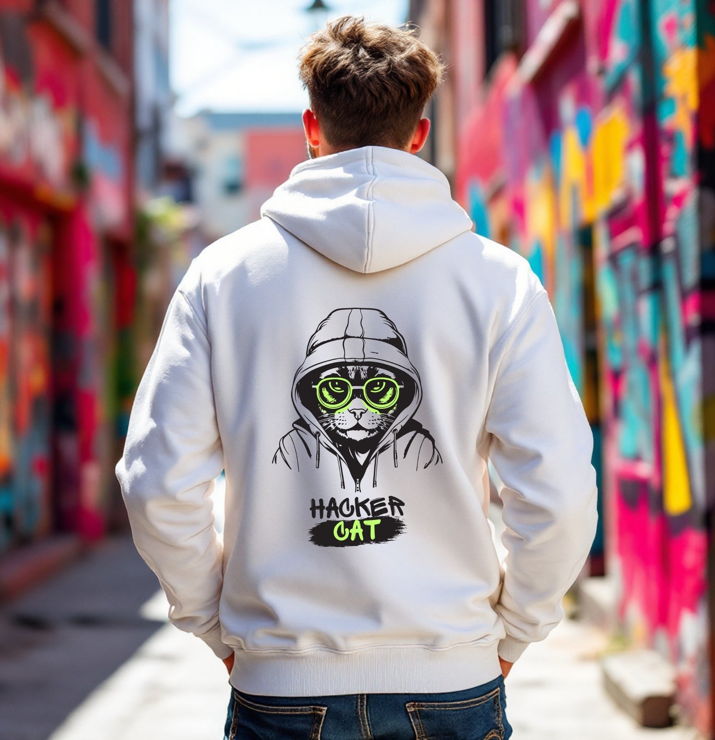 Hacker Cat Hoodie – Cool Cyber Cat with Neon Glasses Sweatshirt