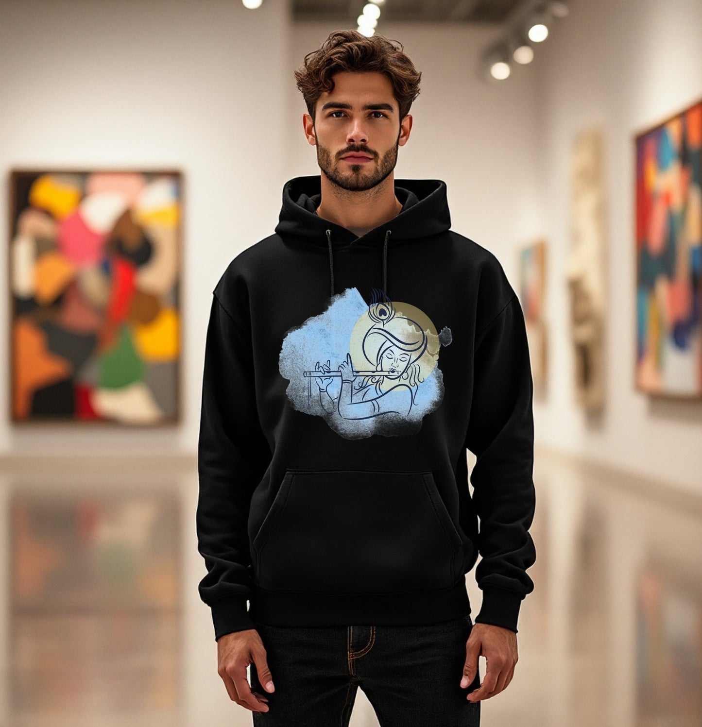Minimalist Krishna Hoodie – Spiritual Line Art Design with Flute and Peacock Feather