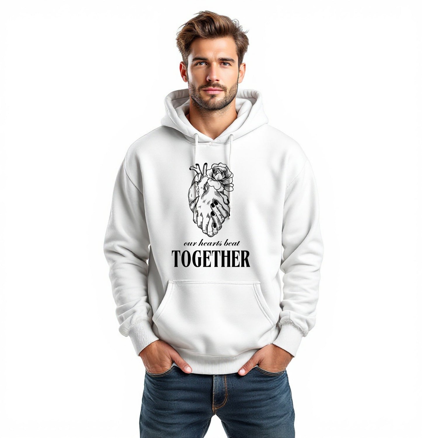 Our Hearts Beat Together Hoodie – Artistic Anatomical Heart and Rose Graphic Sweatshirt