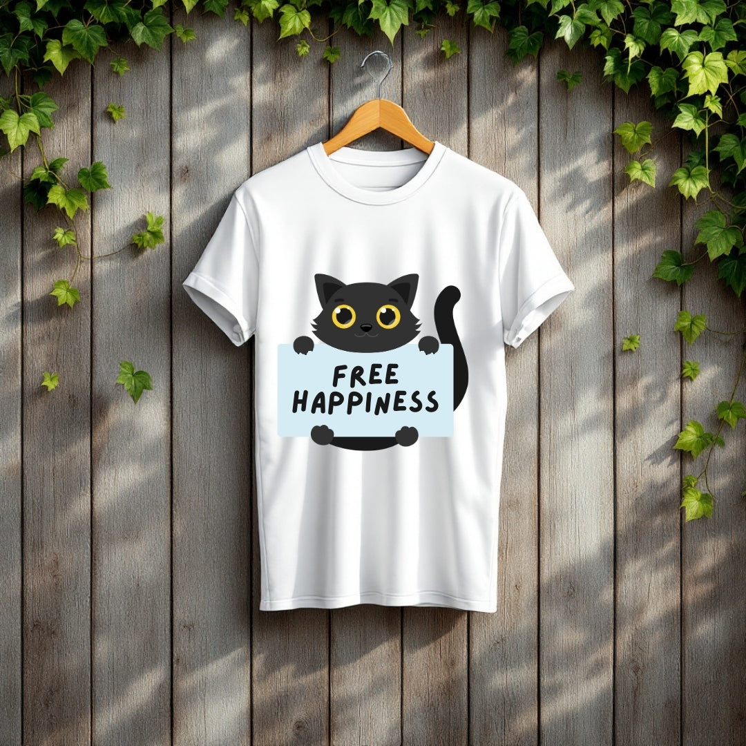Cute Black Cat "Free Happiness" T-Shirt