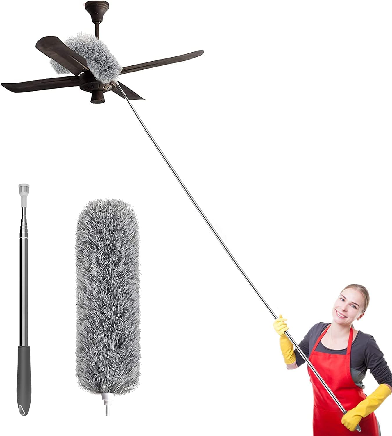 Long Handle Microfiber Feather Ceiling Duster for Dust Cleaning with extendable Pole 30-100 Inch with Anti Scratch Bendable Head Brush for Cleaning High Cobweb Stick high Ceiling Fan
