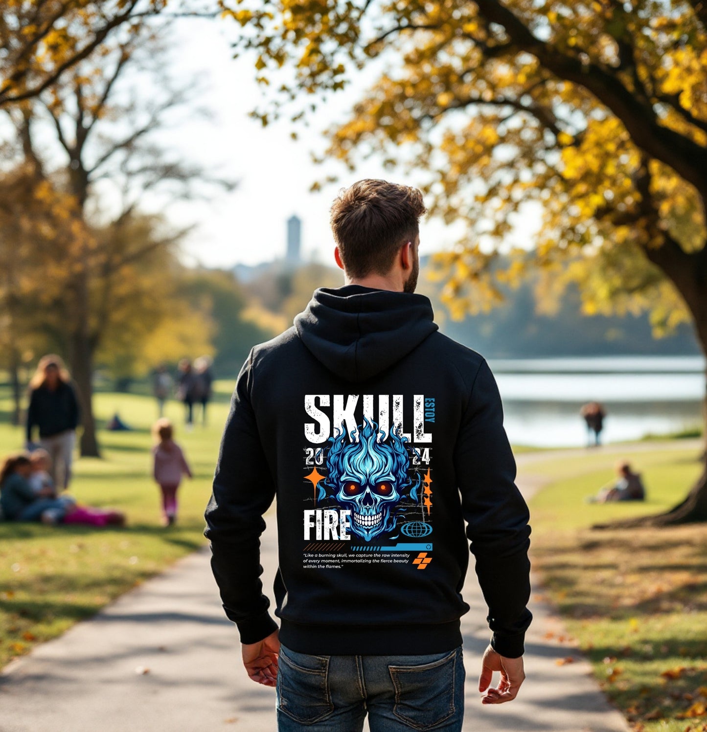Skull on Fire Graphic Hoodie – Blue Flame Skull Design