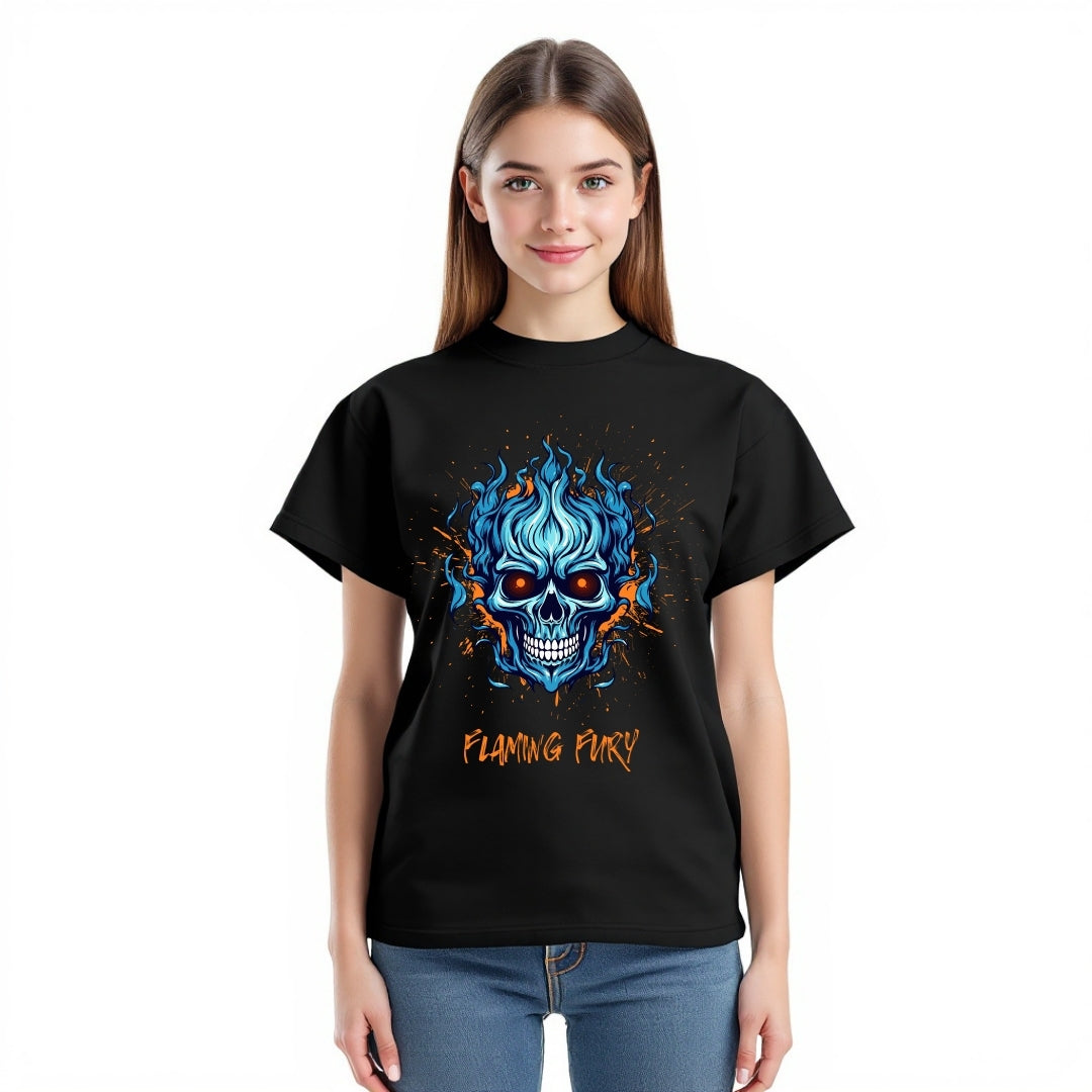 Flaming Fury Skull T-Shirt – Fiery Blue Skull Graphic Tee