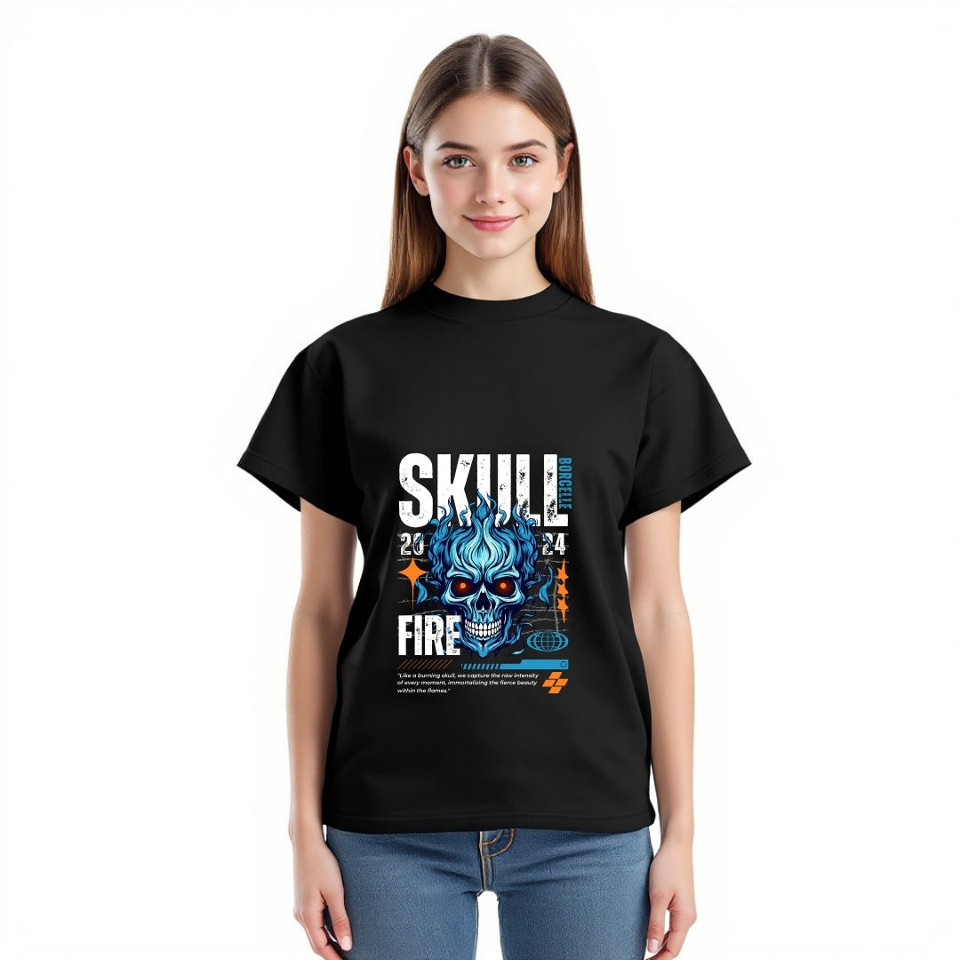 Skull Fire T-Shirt – Blue Flame Skull Graphic Streetwear