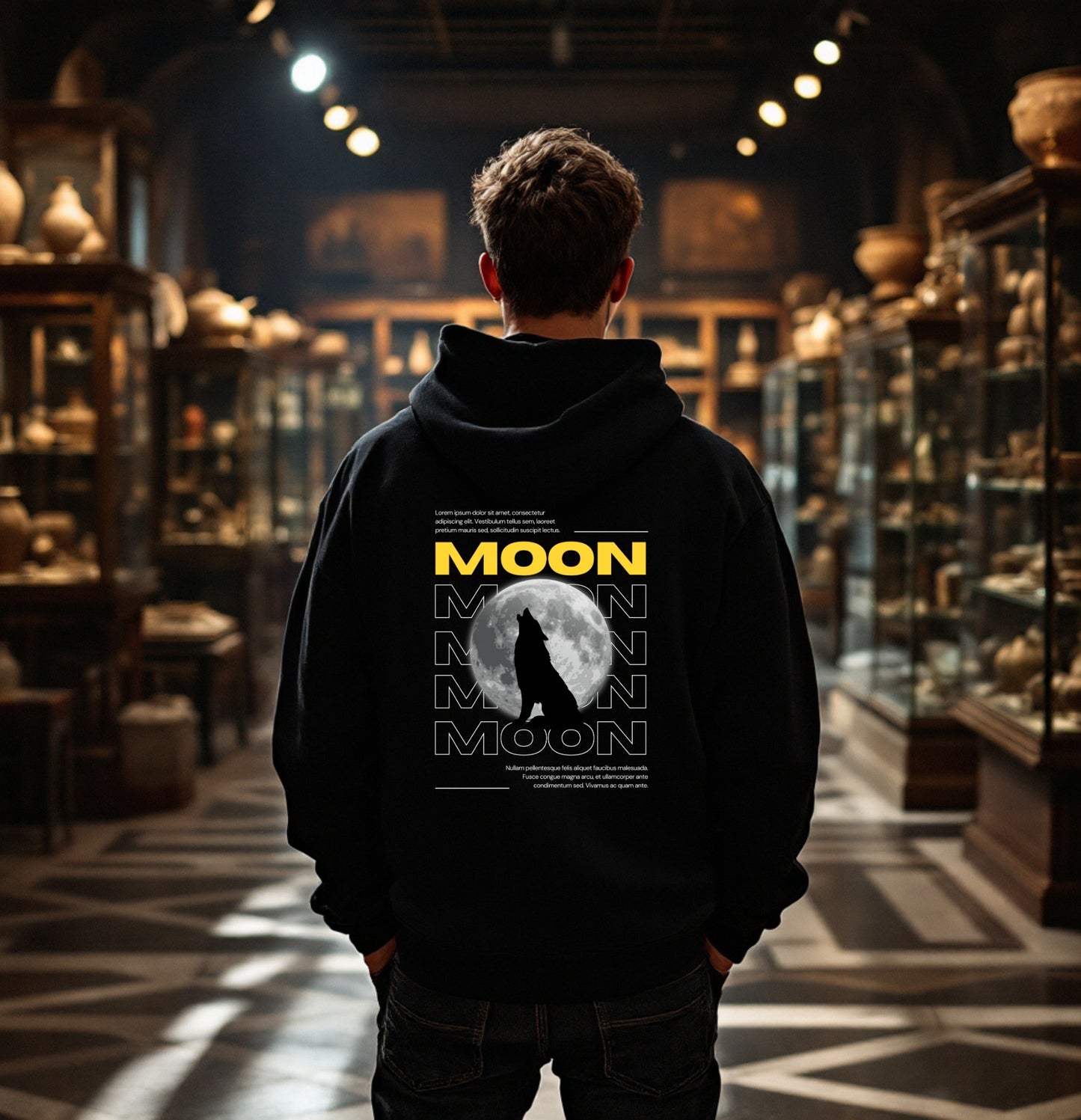 Moon Howl Hoodie - Wolf Silhouette Graphic Sweatshirt, Night Sky Streetwear, Black Pullover