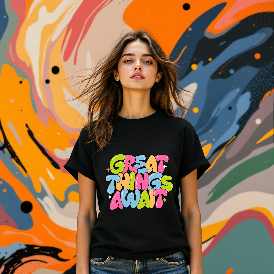 Great Things Await Motivational T-Shirt – Positive & Trendy Graphic Tee