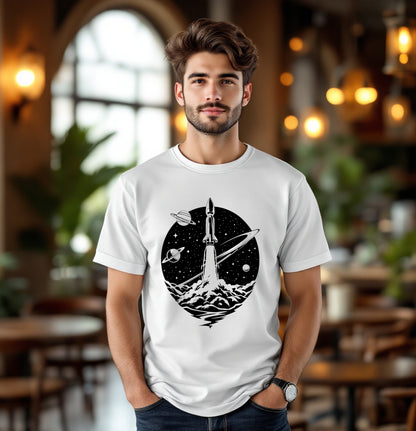 Rocket Launch Space Exploration T-Shirt – Cosmic Monochrome Art Tee