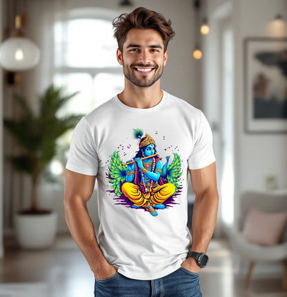 Vibrant Krishna Playing Flute T-Shirt – Spiritual Indian Art Tee