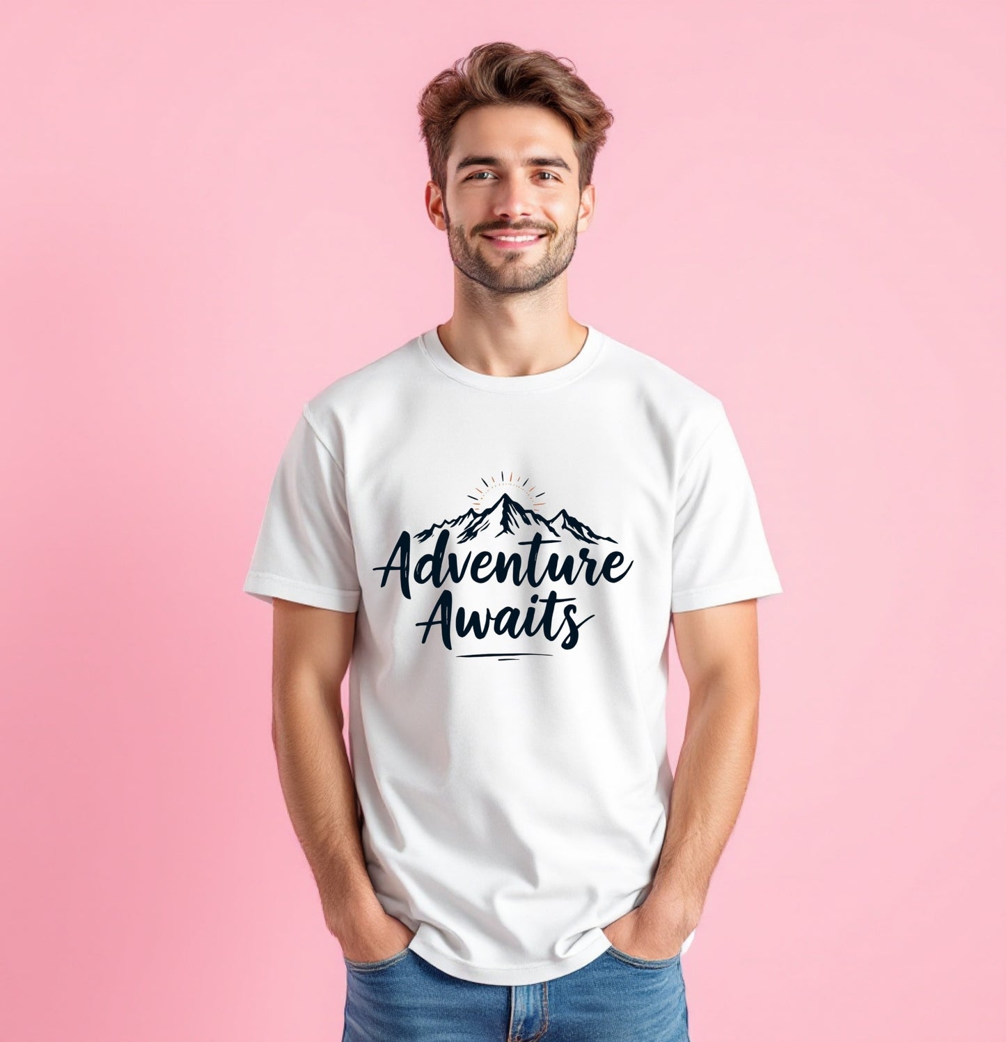 Adventure Awaits Mountain Sunset Graphic T-Shirt – Outdoor Wanderlust Tee