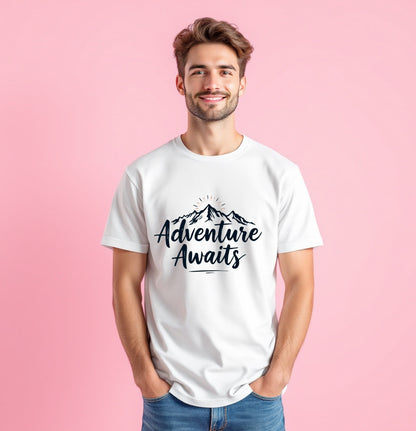 Adventure Awaits Mountain Sunset Graphic T-Shirt – Outdoor Wanderlust Tee