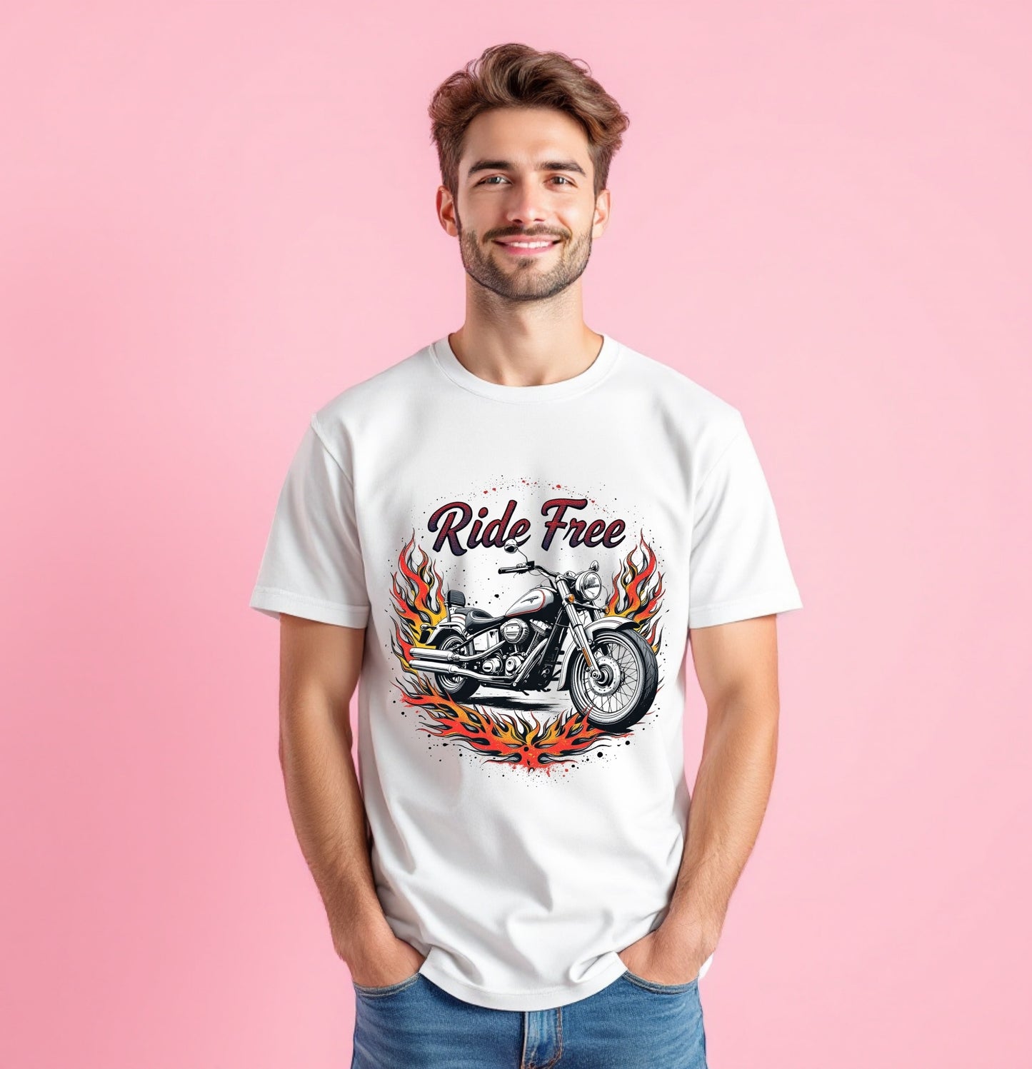 Ride Free White Biker T-Shirt – Cruiser Motorcycle Flame Graphic Tee