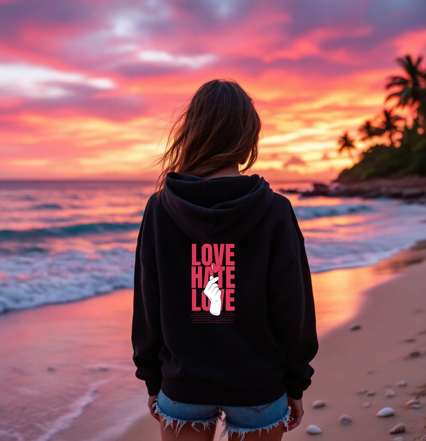 Love Over Hate Hoodie – Minimalist Heart Hand Graphic Design