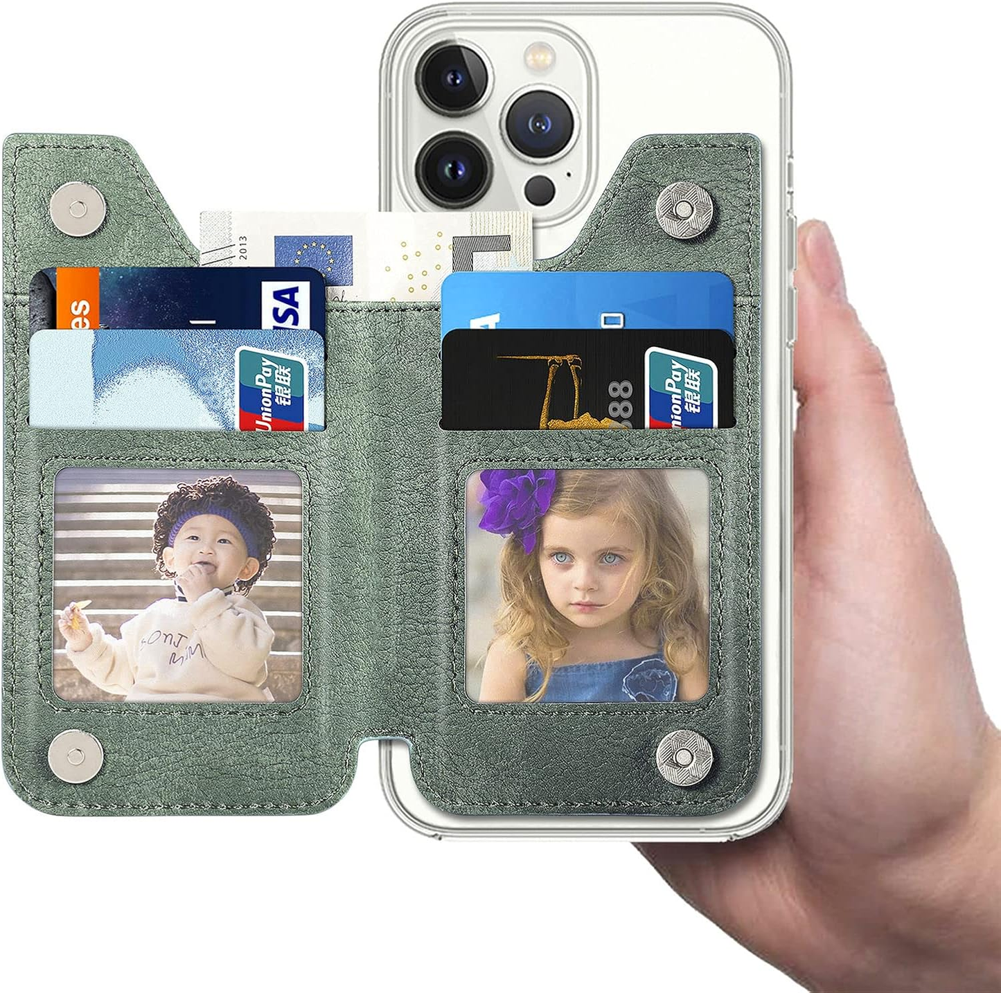 Flip Leather Phone Wallet Stick On for Most Phone,Card Holder for Phone Stick On of Adjustable Stand Function,Sticky Wallet for Back of Phone with Magnetic Clasp