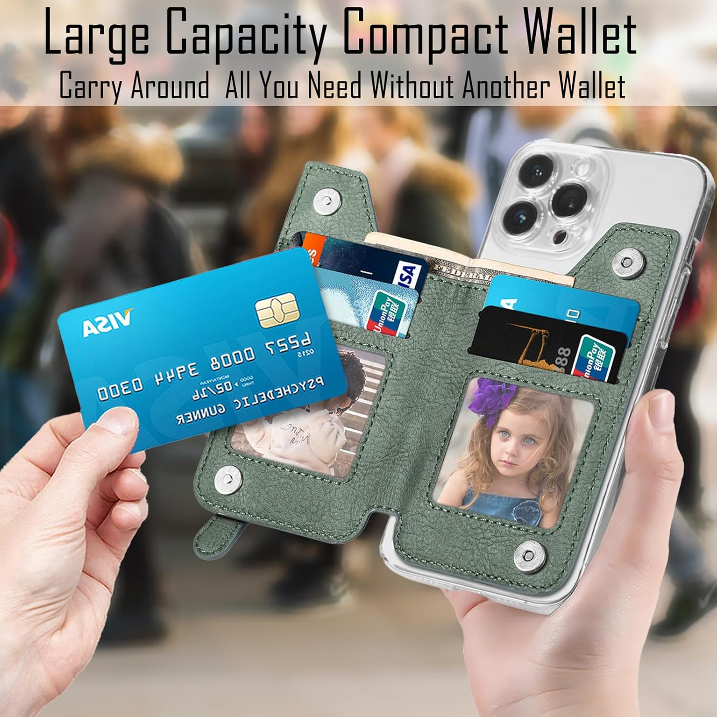 Flip Leather Phone Wallet Stick On for Most Phone,Card Holder for Phone Stick On of Adjustable Stand Function,Sticky Wallet for Back of Phone with Magnetic Clasp