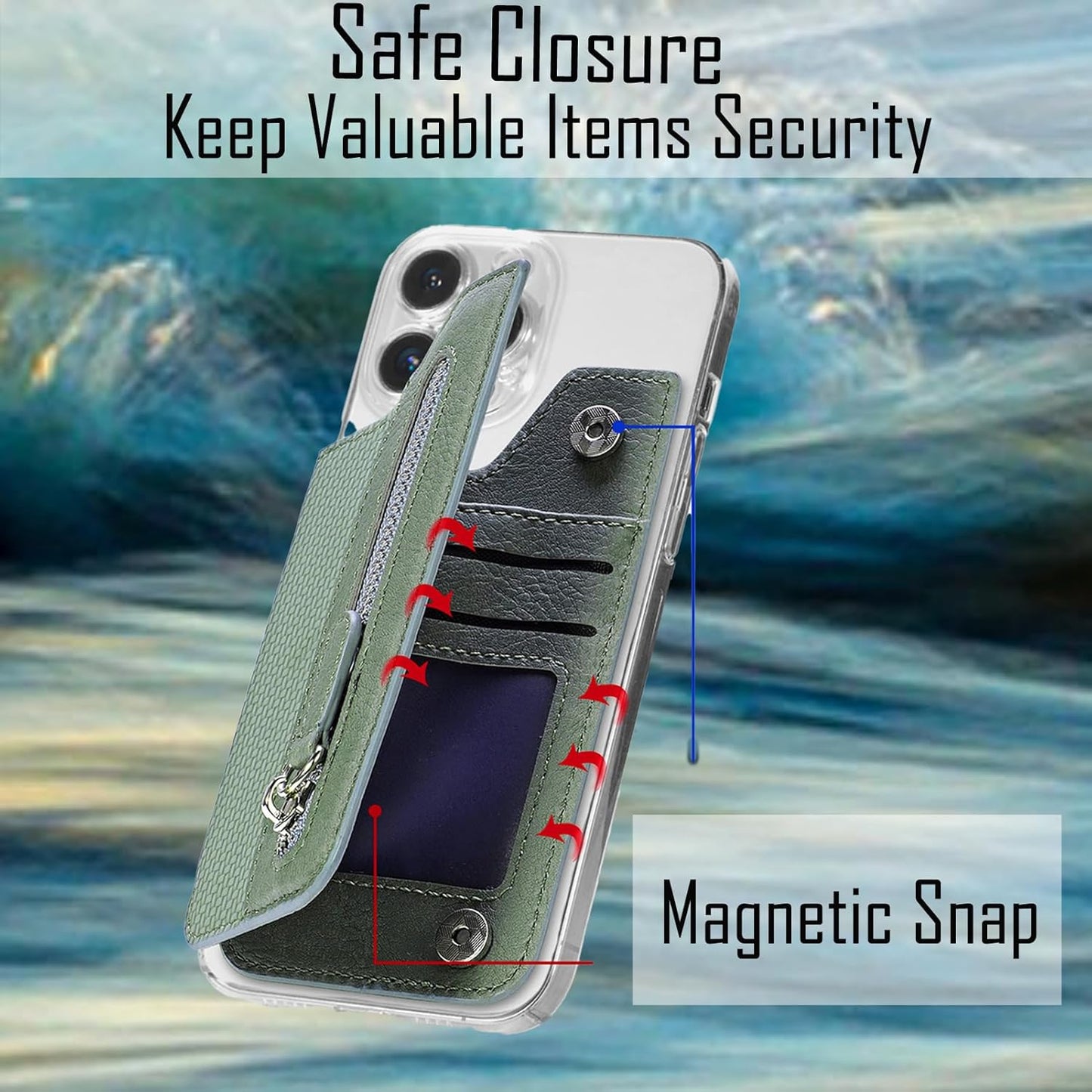 Flip Leather Phone Wallet Stick On for Most Phone,Card Holder for Phone Stick On of Adjustable Stand Function,Sticky Wallet for Back of Phone with Magnetic Clasp