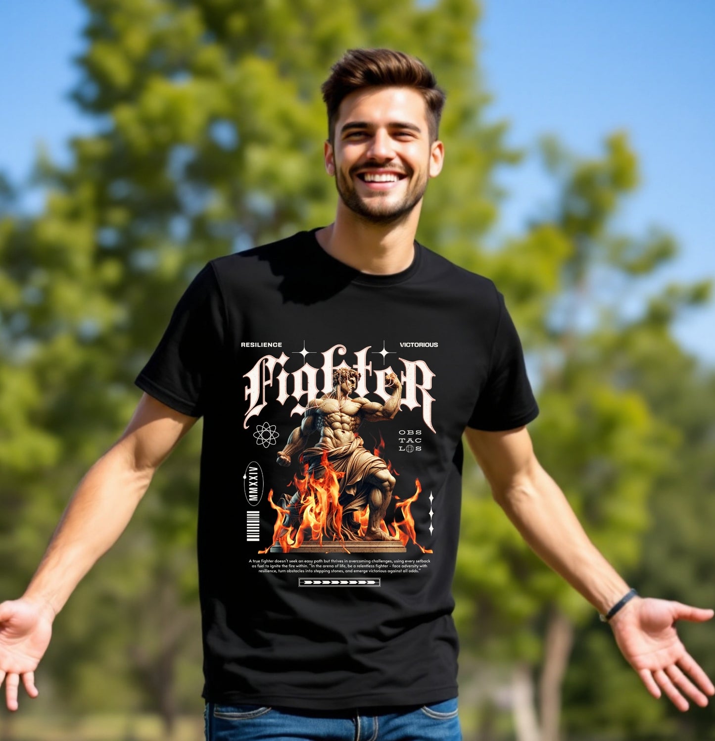 Fighter Flame Statue Graphic T-Shirt – Resilience & Victory Edition