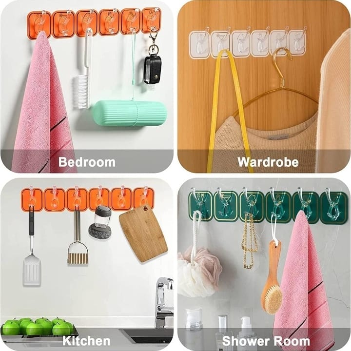 Estoy Kitchen Bathroom Six Row Wall Hook Wall Hanger Home Storage Tools Sticky Hook - 2 pc (12 Hook) Multi Color.