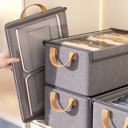 Foldable Fabric Storage Bins with Handles & Transparent Lid - 26 LITRE