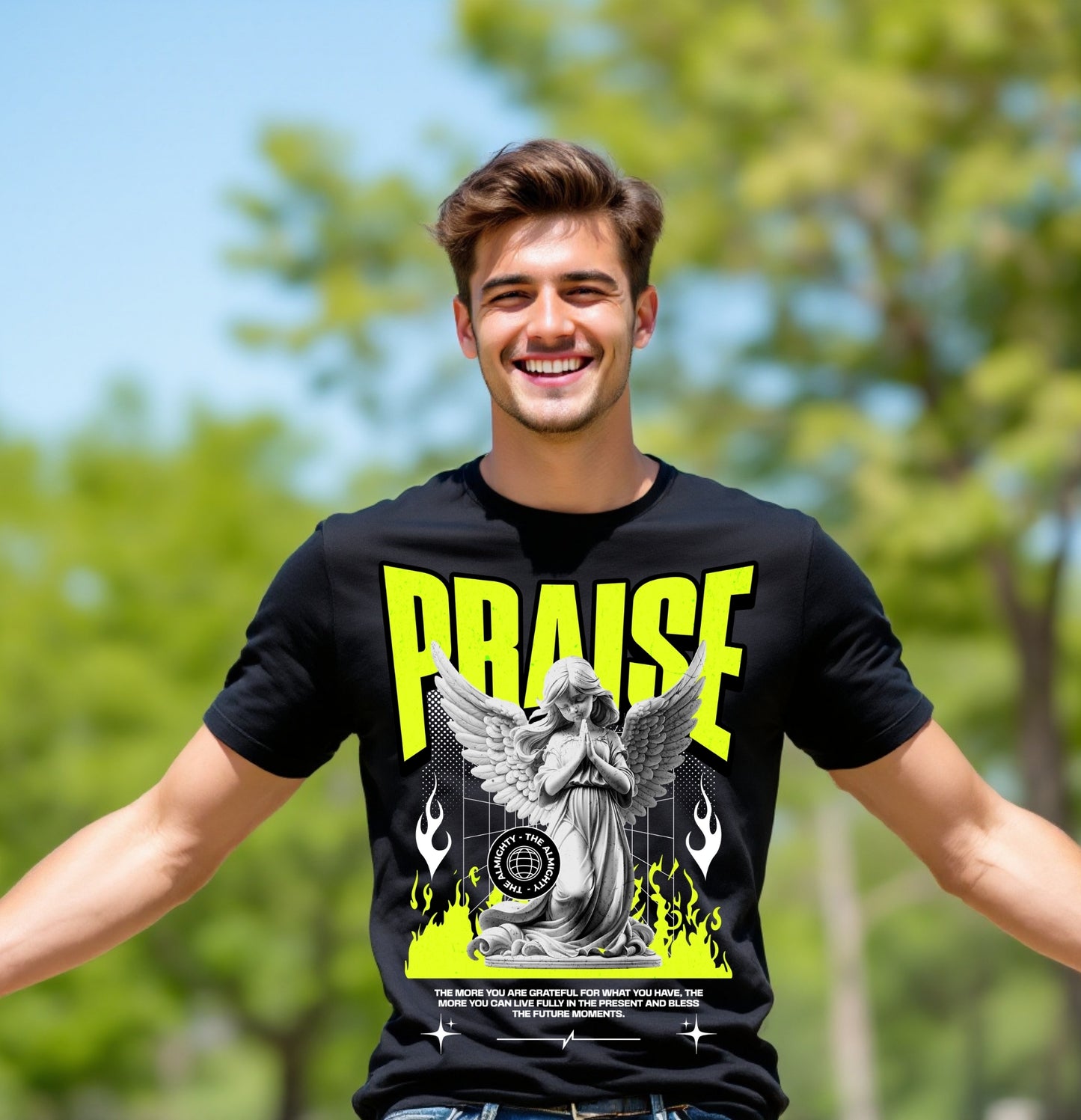 PRAISE Graphic T-Shirt – Grateful Flame Angel Edition