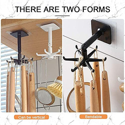 Shree Hari Plastic 360° Rotating Folding Hook Wall Mounted Sticker Kitchen Utensil Hanging Rotary Hook Rack with 6-Claw -2 Pieces
