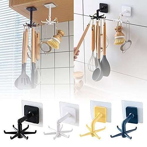 Shree Hari Plastic 360° Rotating Folding Hook Wall Mounted Sticker Kitchen Utensil Hanging Rotary Hook Rack with 6-Claw -2 Pieces