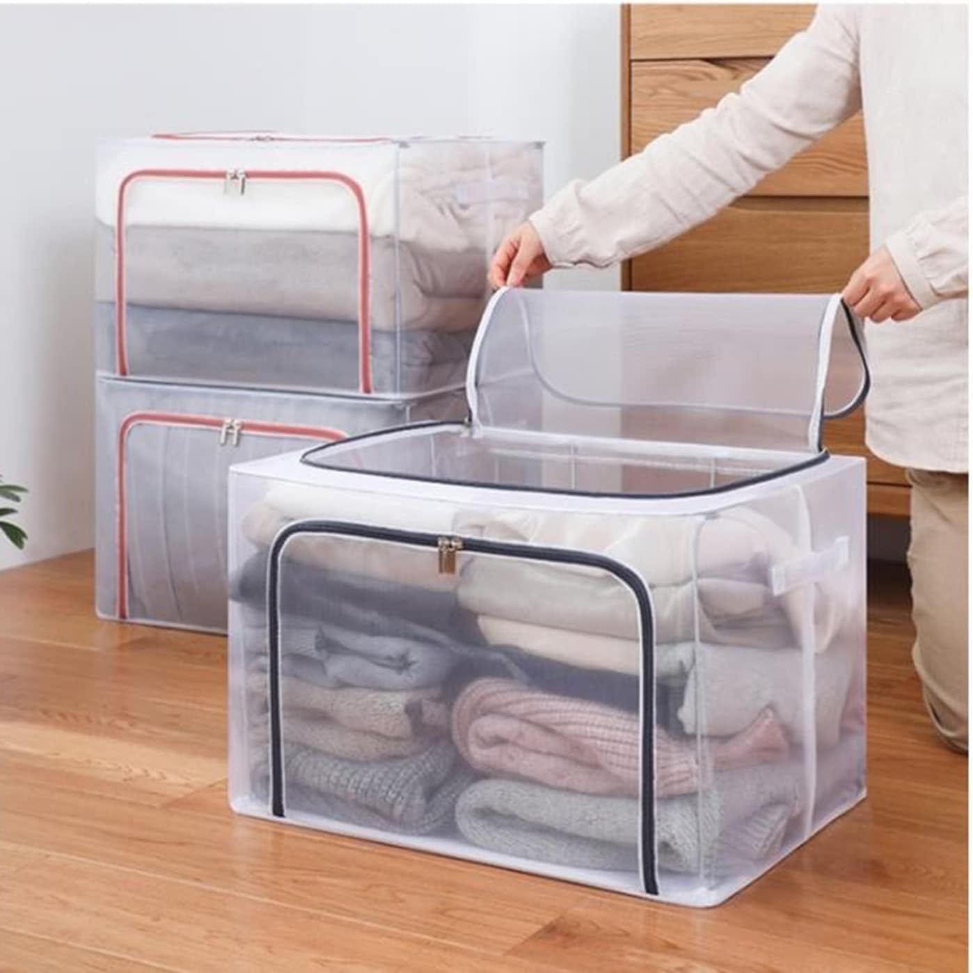 66 litre  Foldable Transparent Storage Box with Dual Zippers