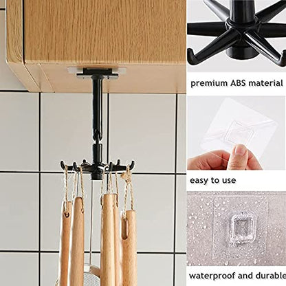 Shree Hari Plastic 360° Rotating Folding Hook Wall Mounted Sticker Kitchen Utensil Hanging Rotary Hook Rack with 6-Claw -2 Pieces