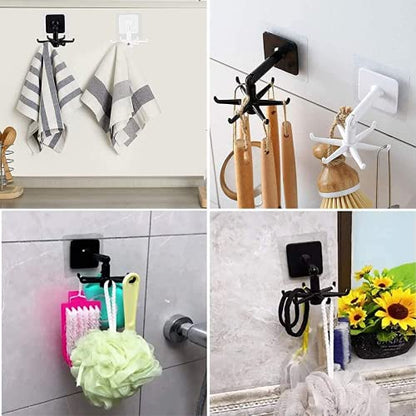 Shree Hari Plastic 360° Rotating Folding Hook Wall Mounted Sticker Kitchen Utensil Hanging Rotary Hook Rack with 6-Claw -2 Pieces
