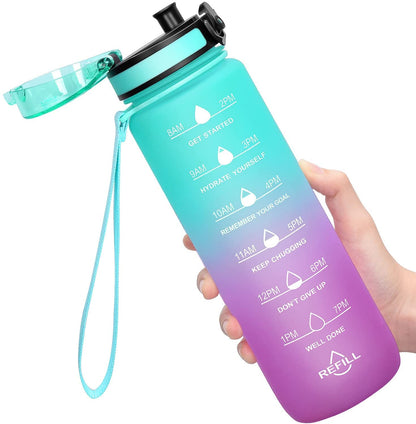 Motivational Water Bottle with Time Marker, Large BPA-Free Leakproof Sports Bottle with Flip Lid and Strap (1 Liter)