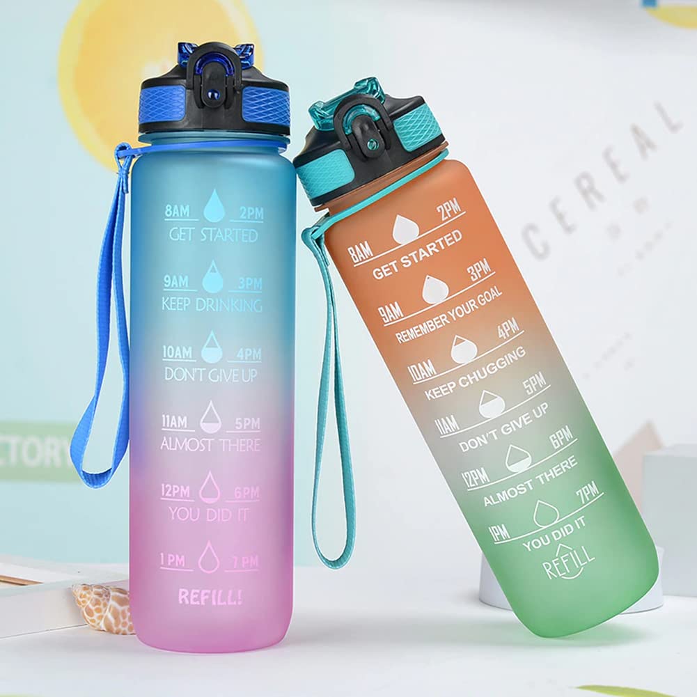 Motivational Water Bottle with Time Marker, Large BPA-Free Leakproof Sports Bottle with Flip Lid and Strap (1 Liter)