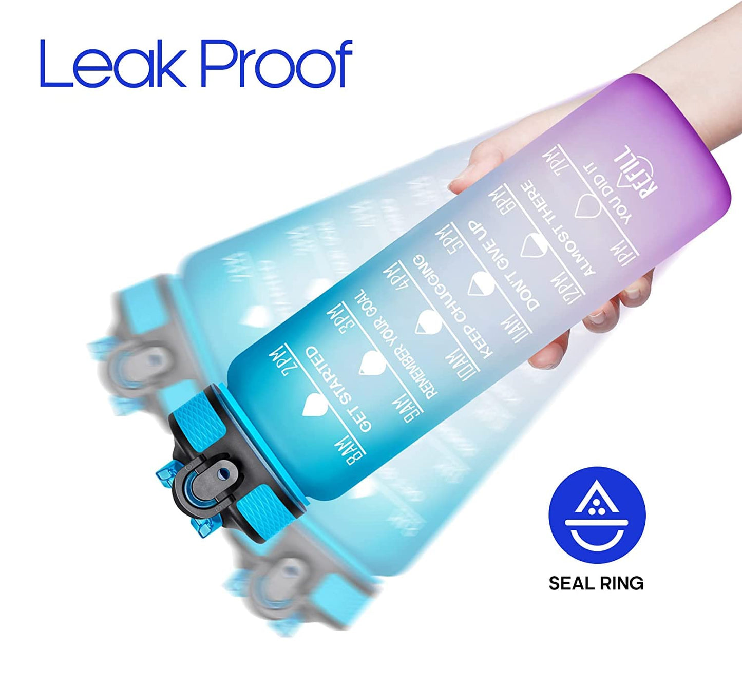 Motivational Water Bottle with Time Marker, Large BPA-Free Leakproof Sports Bottle with Flip Lid and Strap (1 Liter)