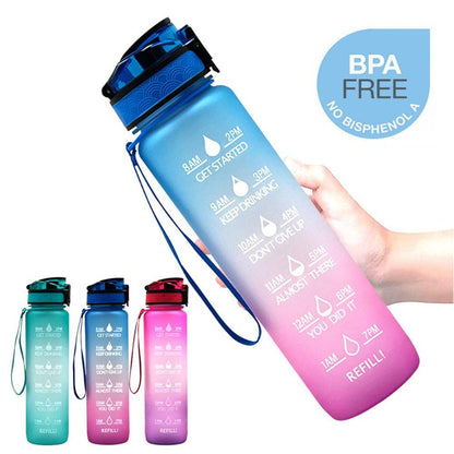 Motivational Water Bottle with Time Marker, Large BPA-Free Leakproof Sports Bottle with Flip Lid and Strap (1 Liter)