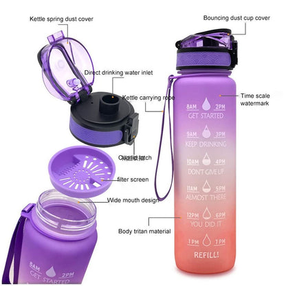 Motivational Water Bottle with Time Marker, Large BPA-Free Leakproof Sports Bottle with Flip Lid and Strap (1 Liter)