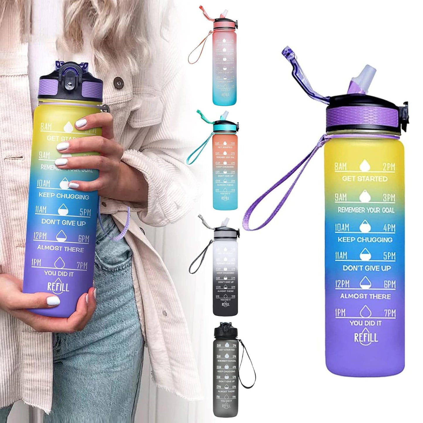 Motivational Water Bottle with Time Marker, Large BPA-Free Leakproof Sports Bottle with Flip Lid and Strap (1 Liter)