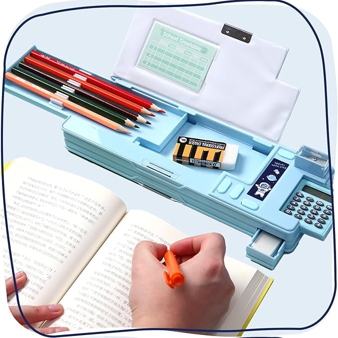 Space-Themed Multi-Functional Pencil Box for Kids – With Calculator & Pop-Up Compartments