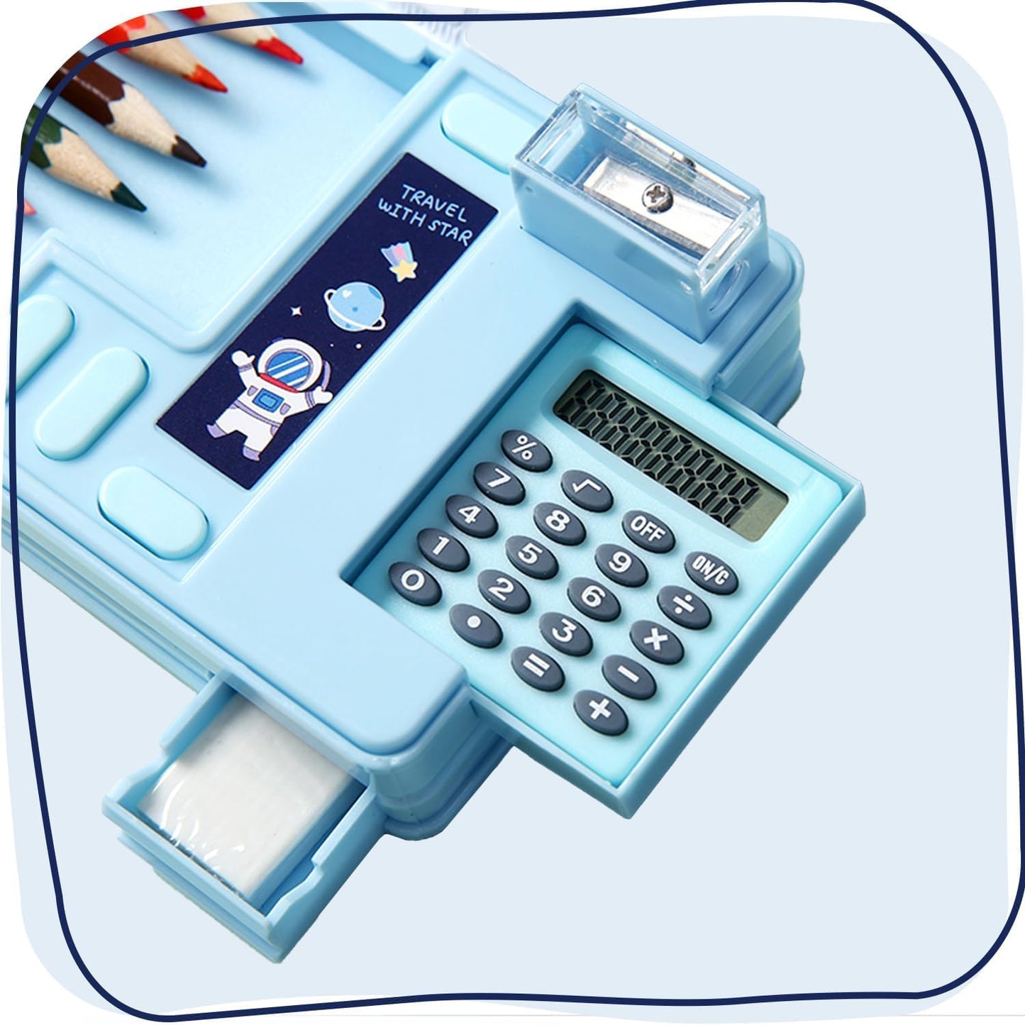 Space-Themed Multi-Functional Pencil Box for Kids – With Calculator & Pop-Up Compartments