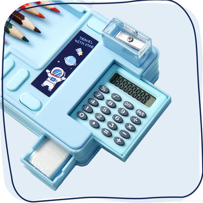 Space-Themed Multi-Functional Pencil Box for Kids – With Calculator & Pop-Up Compartments