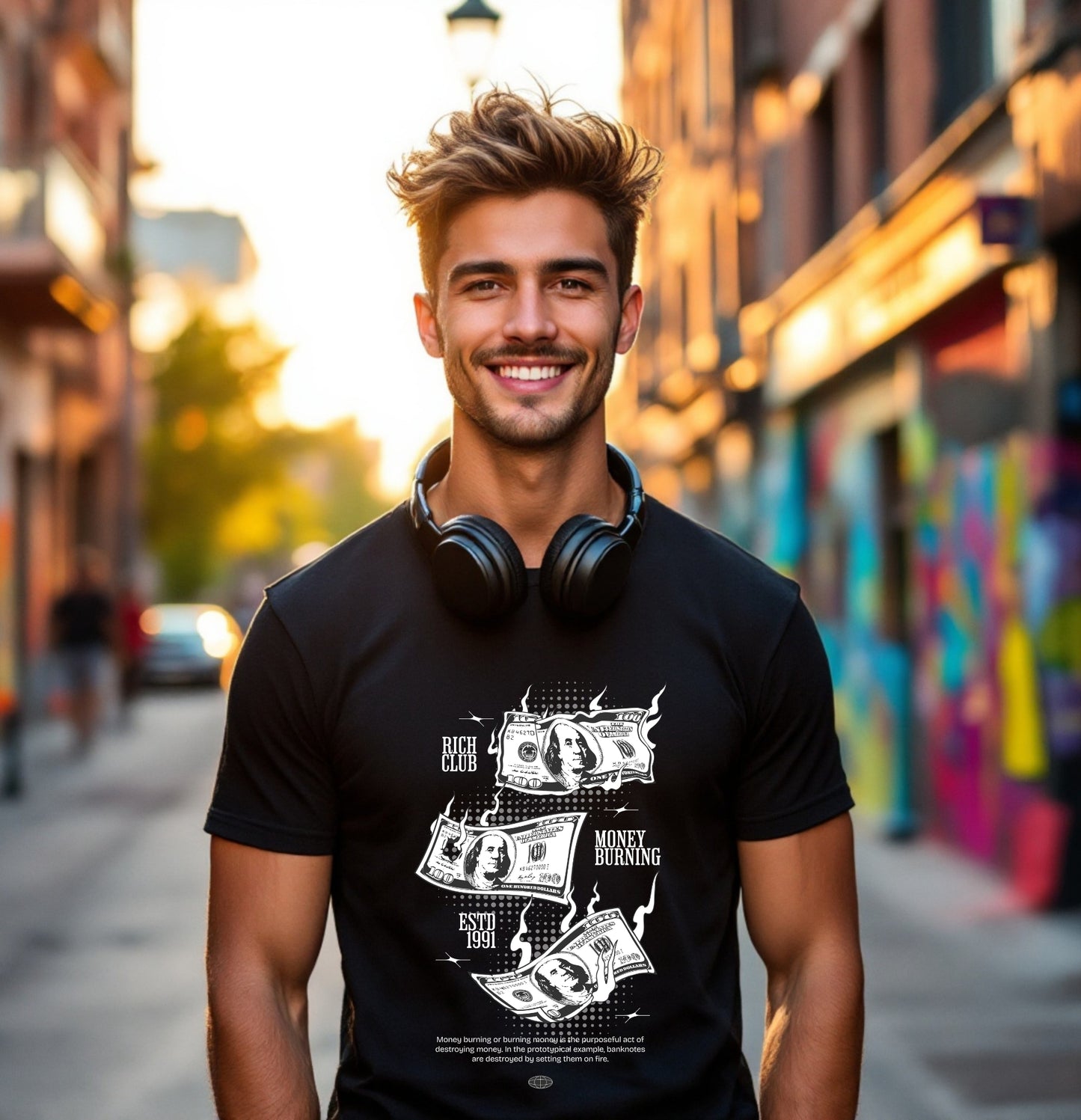 Money Burning Graphic T-Shirt – Rich Club Statement Tee