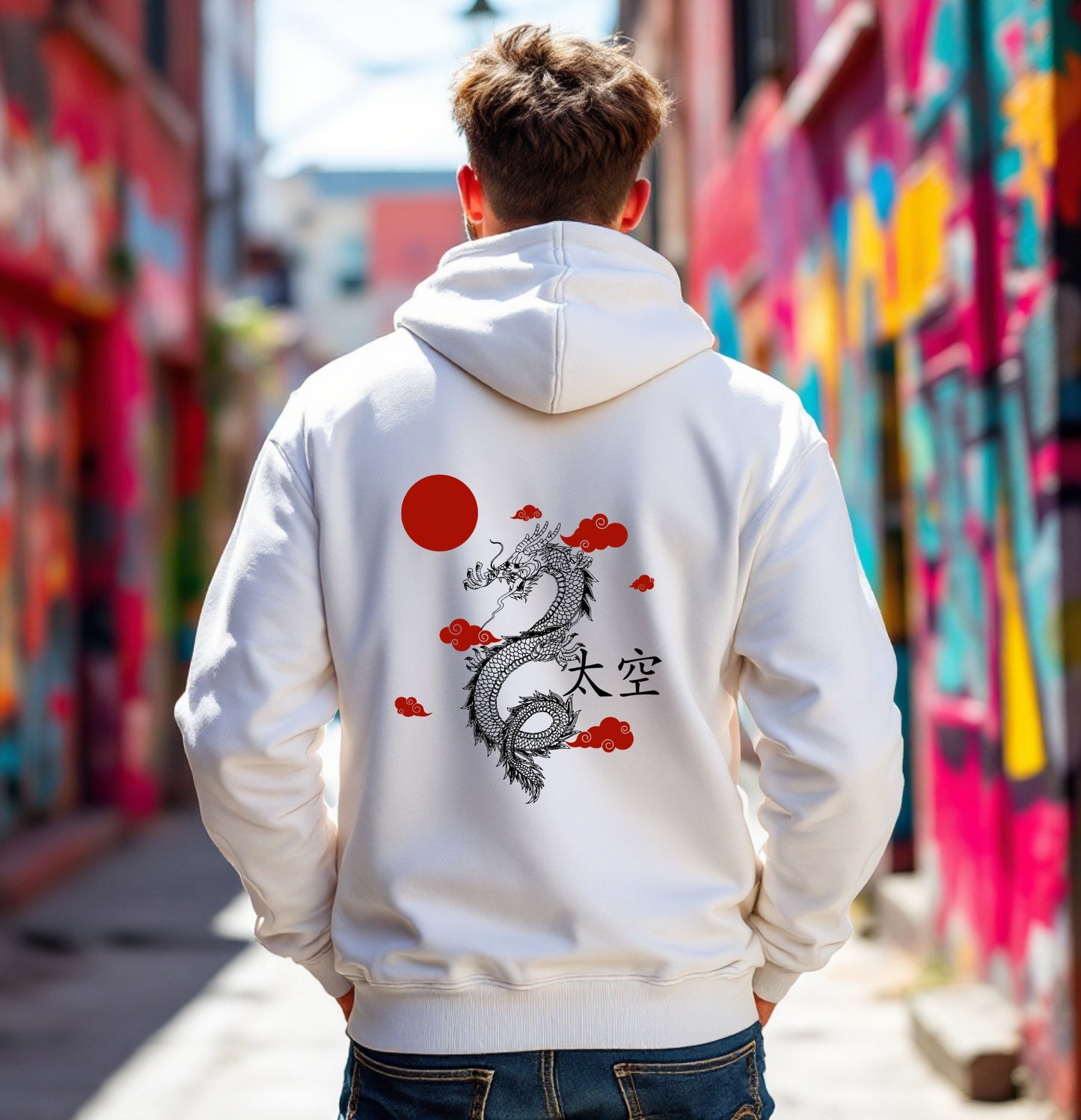 Japanese Dragon Hoodie – Traditional Oriental Tattoo Style Hoodie with Red Sun and Clouds