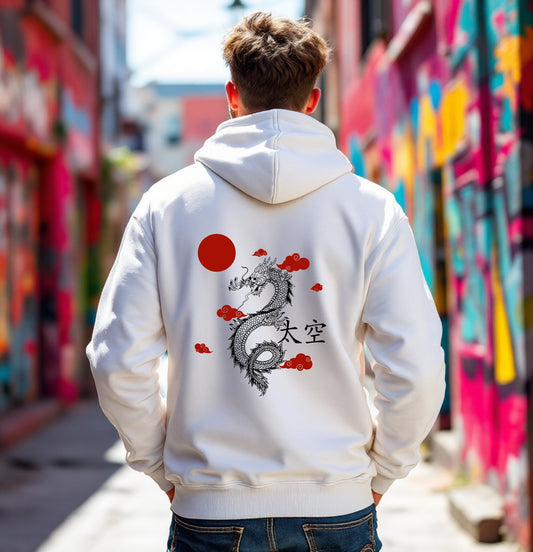 Japanese Dragon Hoodie – Traditional Oriental Tattoo Style Hoodie with Red Sun and Clouds