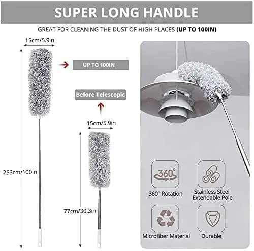 Long Handle Microfiber Feather Ceiling Duster for Dust Cleaning with extendable Pole 30-100 Inch with Anti Scratch Bendable Head Brush for Cleaning High Cobweb Stick high Ceiling Fan