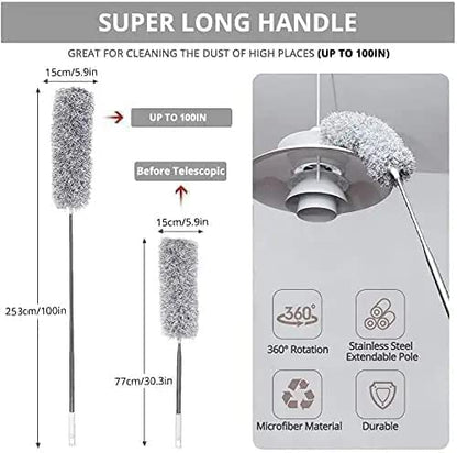 Long Handle Microfiber Feather Ceiling Duster for Dust Cleaning with extendable Pole 30-100 Inch with Anti Scratch Bendable Head Brush for Cleaning High Cobweb Stick high Ceiling Fan