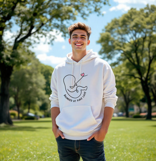 Bounded by Pure Love Hoodie – Minimalist Baby & Heart Umbilical Cord Design