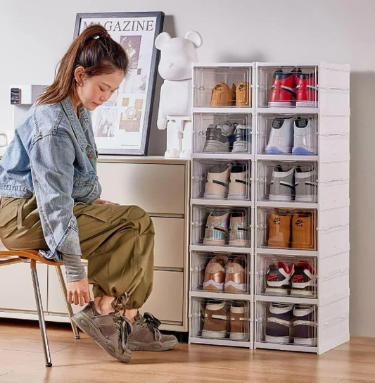 Plastic Polished 6 Layer Shoe Rack, Free Standing | Stackable Transparent Shoe Storage Box – Space-Saving Organizer with Front Opening