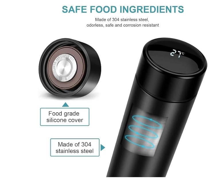 Stainless Steel Water Bottle With Led Temperature Display, Double Wall Vacuum Insulated Water Bottle (Pure Black), 500 ML
