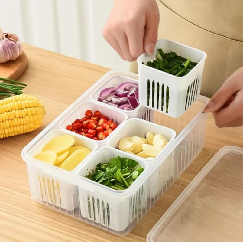 Fridge Storage Boxes | Freezer Storage Containers | Kitchen Storage Set | Vegetable Storage Box with Draining Crisper | Refrigerator Food Storage | Versatile Organizer (1 Pcs)