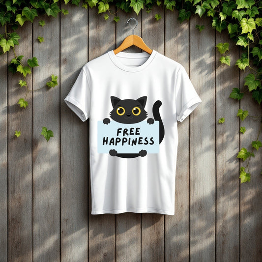 Cute Black Cat "Free Happiness" T-Shirt