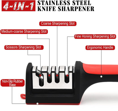 Estoy Knife Sharpeners for Kitchen Knives– Stainless Steel 4 in1 Kitchen Knife Sharpener – Easy to Use Knife Sharpening Kit with 4 Stage Sharpening Slots Black